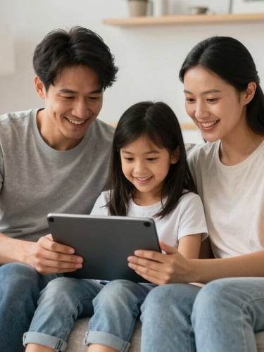 A family sitting together on a modern living room couch, streaming a movie on a tablet, smiling naturally, bright warm indoor lighting, 35mm
