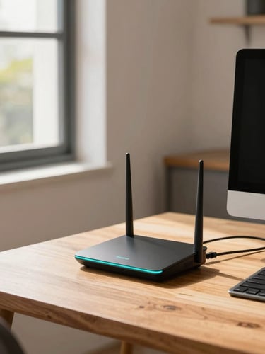 Bright modern home office in Brazil, a professional working on a computer with clean cable management, a sleek router with glowing teal LEDs on the wooden desk, warm natural daylight coming from a side window, 35mm photography
