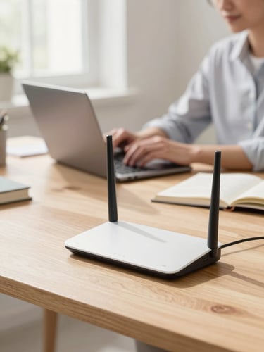 Bright home office with natural daylight, a modern router on a clean wooden desk, a professional working on a laptop in the background, shallow depth of field, 35mm