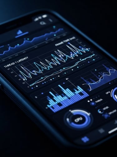 Macro shot of a high-resolution mobile screen displaying real-time thread telemetry and rendering frame rates, dark studio lighting with cool cobalt accents