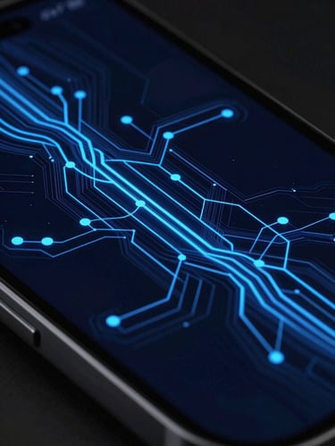 Extreme close-up of a premium smartphone bezel displaying a complex technical system diagram with glowing cobalt paths on a deep obsidian screen, dark editorial technology photography