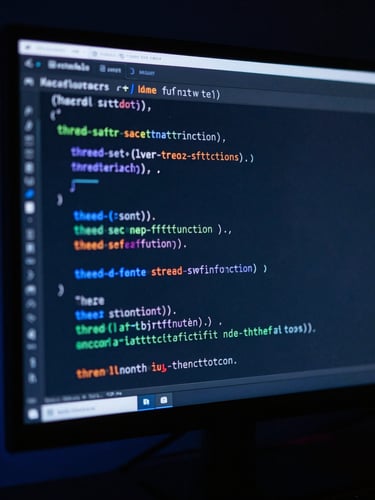 Macro photograph of a high-resolution monitor displaying structured Kotlin code, cool cobalt ambient light, razor-sharp focus on thread-safe functions, dark technical studio setting