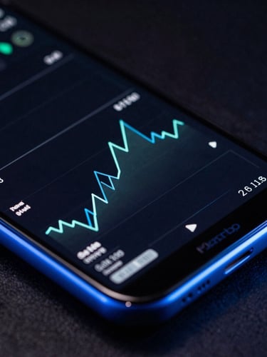 Macro studio photograph of a premium Android flagship screen showing a complex real-time telemetry graph, razor-sharp glass edge, cool cobalt rim light, dark technical editorial style