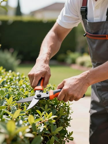 A professional gardener in clean workwear carefully pruning a hedge in a bright, sunlit backyard, high-end residential setting, sharp focus on hands and shears, natural daylight