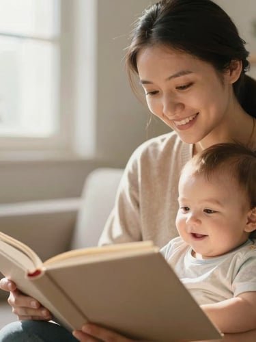 Close-up of a professional babysitter reading a book to a smiling child in a sunlit room, warm and natural lighting