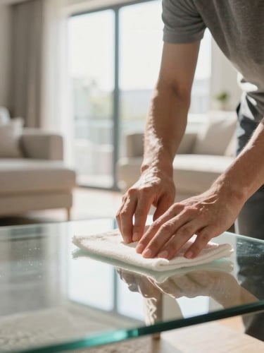 Bright natural daylight illuminating a pristine modern living room, a professional cleaner in the background carefully polishing a glass surface, focus on hands-at-work, editorial style.