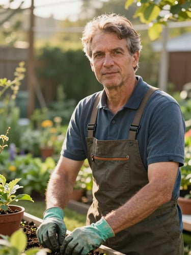 Warm environmental portrait of a professional gardener working in a sunlit, clean domestic garden, looking confidently at the camera, natural morning light, medium close-up.