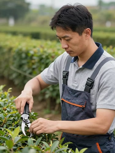 Medium close-up of a professional gardener in clean workwear pruning a hedge with precision, soft natural daylight, looking confident