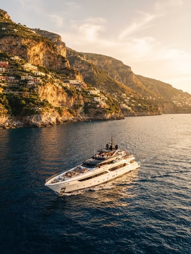 A luxury private yacht sailing near dramatic Amalfi coast cliffs at golden hour, soft warm light reflecting on deep blue water
