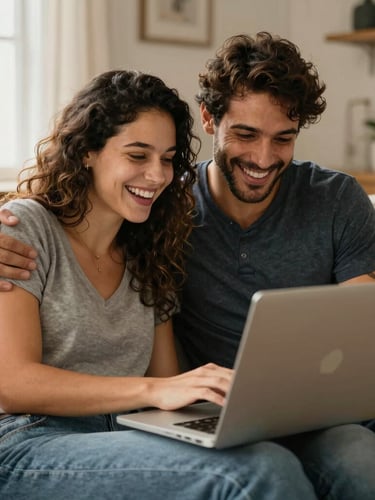 A happy Brazilian couple sitting on a cozy couch, looking at a laptop together and laughing, warm afternoon light, natural domestic setting.