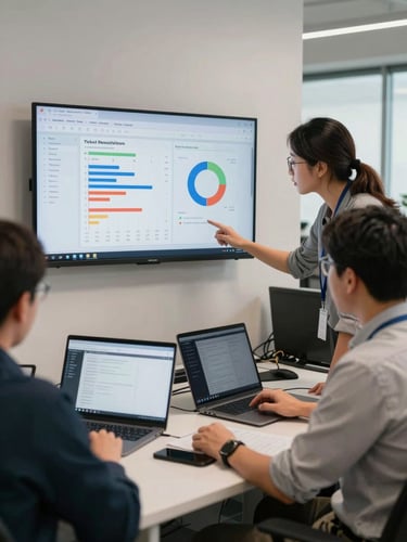Environmental shot of a small support team at workstations reviewing a shared dashboard on a wall monitor showing ticket resolution rates and agent handoff metrics, natural office lighting, laptops open on desks