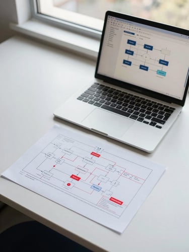 Overhead angle of a desk showing a process map printout annotated with red markers next to a laptop displaying an automation configuration screen with connected workflow nodes, clean daylight from office window above