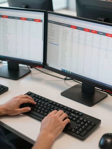 Close-up overhead view of a retail operations desk, two monitors displaying inventory workflow dashboards with red action indicators, a team member's hands on keyboard, natural office daylight, crisp screen detail visible