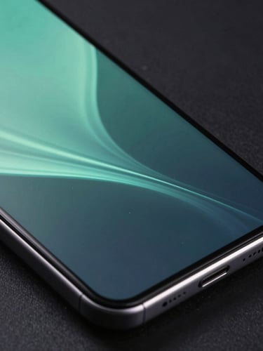 Extreme portrait close-up of a premium matte black Android flagship device screen showing a custom fluid transition, sharp rim light, cyber-mint ambient glow, dark background