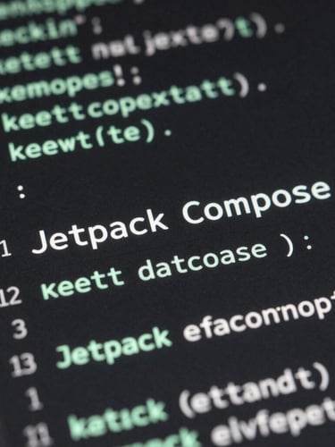 Extreme close-up of a dark-themed Android IDE displaying clean Kotlin code, with soft glowing cyber-mint syntax highlighting, shallow depth of field, sharp focus on a Jetpack Compose transition block.