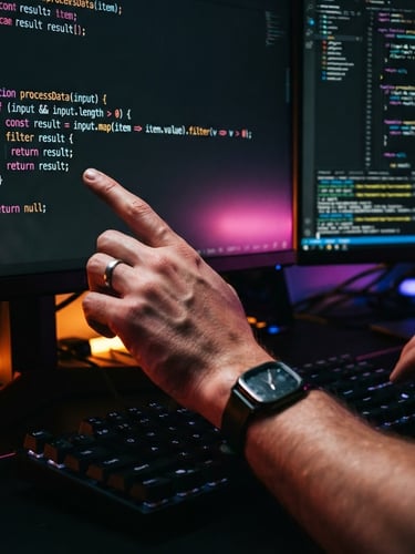 Macro close-up of a developer's hands analyzing clean code on a dual monitor, low-key dramatic studio lighting with neon amber and magenta edge-lights, casting sharp, purposeful shadows, 35mm