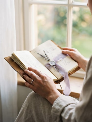 Elegant lifestyle photography of hands holding a leather journal, soft morning window light, lavender silk ribbon, shallow depth of field, 35mm