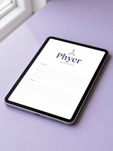 A modern tablet displaying a beautifully designed digital prayer template, resting on a clean lavender surface with soft morning shadows