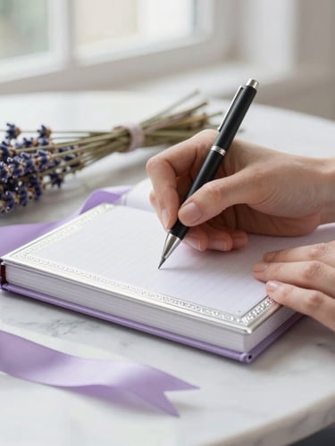 Close-up of hands writing in a silver-embossed journal on a white marble table, soft lavender ribbons and dried lavender stems nearby, diffused morning light, elegant boutique photography