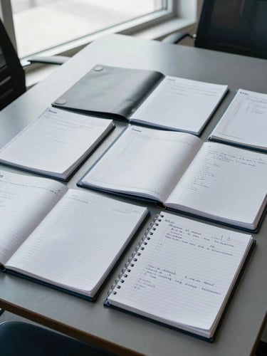 Close overhead flat-lay of open case folders, annotated ledger pages, and a legal pad with handwritten notes on a grey steel conference table under cool overcast window light, documents spread edge to edge