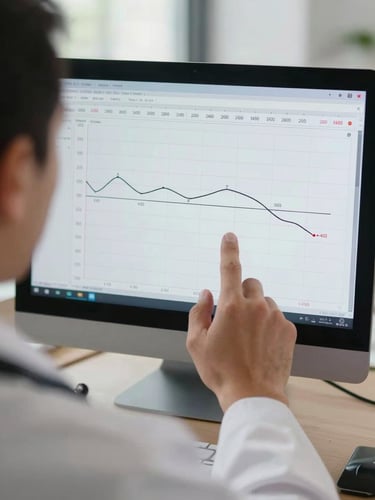 Close-up of a physician's hands reviewing a computer screen showing a smooth multi-line clinical evolution chart with labeled time intervals, concentrated expression partially visible, natural office window light, no stethoscope or medical equipment in frame