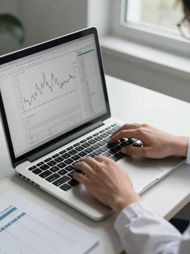 Close overhead shot of a physician's desk under natural window light: a laptop screen displaying soft line graphs of clinical evolution data, a hand resting on the keyboard mid-review, a printed timeline of notes partially visible at the lower edge — no faces, no medical equipment, no smiles