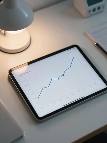 Close overhead shot of a tablet screen on a clinical desk showing a smooth longitudinal data graph with a rising line over several months, annotated timestamps along the x-axis, warm desk lamp light from the left, no human face visible, clean and organised workspace