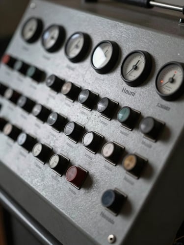 Extreme close-up of a Hauni cigarette maker control panel, rows of precision switches and indicator dials visible under cool studio strobe light, deep shadows emphasising mechanical relief, industrial steel surface