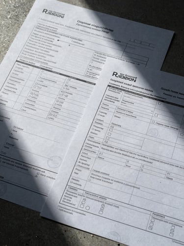 Extreme close-up overhead view of shipping and customs documentation — manifests, inspection checklists, and carbon-copy transfer forms spread across a concrete surface, lit by cool studio strobes casting sharp shadows across paper edges and stamped ink marks, industrial documentary framing