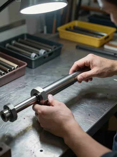 Mid-distance workshop shot of a Molins rod-making unit being reassembled on a steel bench, hands placing a precision-machined shaft into its housing, strobe lighting from above creating sharp mechanical shadows, organized parts trays visible in the background