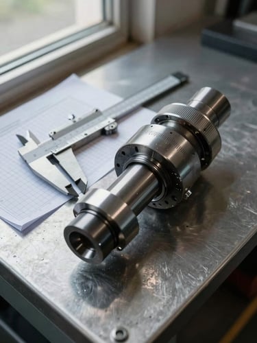 Overhead close-up of a mechanical assembly laid out on a steel inspection table — calipers resting on a worn cam follower, measurement data sheet partially visible beneath, cool north-facing daylight from a high workshop window