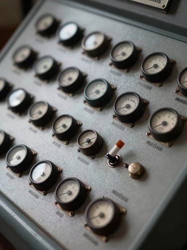 Extreme close-up of a Molins cigarette maker control panel, cool studio strobe lighting raking across worn steel switches and indicator dials, deep shadow in recesses, mechanical detail sharp and precise, no people, no background context—just the panel face filling the frame