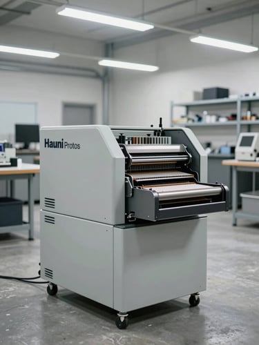 Wide workshop interior shot of a refurbished Hauni Protos cigarette maker standing on a concrete floor in a testing bay, cool overhead fluorescent lighting, equipment surfaces clean and organised, no people, industrial shelving visible in background, high contrast between machine surfaces and the grey floor