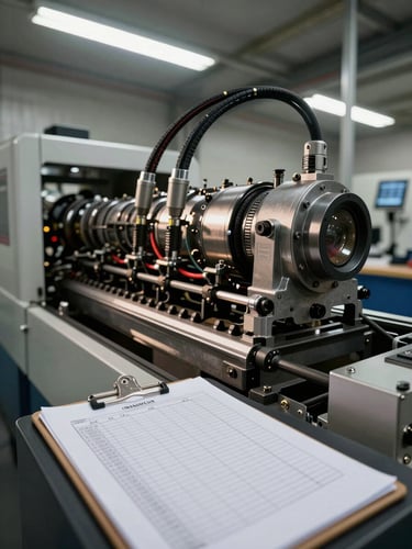 Wide environmental shot of a Hauni cigarette-maker running in a testing bay, instrument cables attached to the drivetrain housing, printed test log on a clipboard in the foreground, cool overhead fluorescent lighting casting hard industrial shadows across the machine body