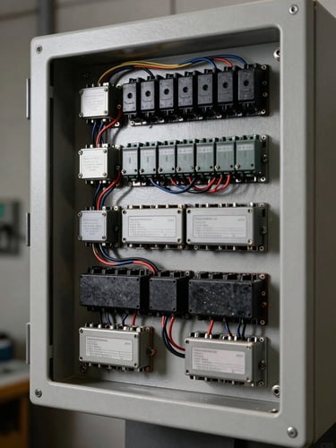 Extreme close-up of a Hauni machine control panel mid-disassembly, wiring looms and relay blocks exposed under cool strobe lighting, concrete workshop wall visible at the edge, high-contrast mechanical detail