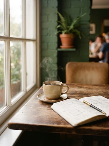 Warm editorial photography of a quiet cafe corner, soft natural window light casting long shadows on a wooden table, a steaming ceramic mug of coffee beside an open notebook, 35mm