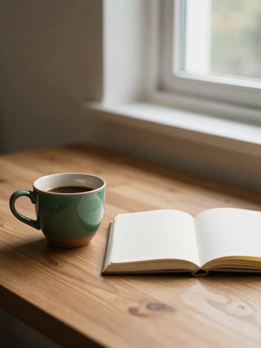 Warm-lit wooden workspace table with a ceramic coffee cup, open notebook, and soft natural window light, 35mm editorial photography