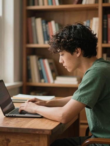 A side view of a patron deeply focused at a wooden desk, soft-lit bookshelf background, warm indirect natural light, 35mm editorial photography