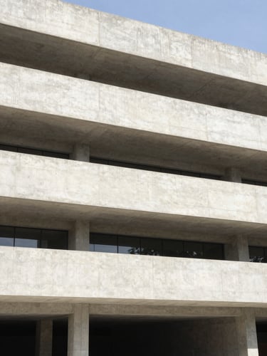 Crisp architectural photography of a modern concrete building facade in northern Veracruz, clean geometric lines, bright natural daylight, wide-angle 35mm lens