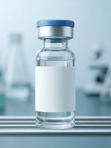 Macro close-up of a sealed sterile glass vial with a clean minimalist label, cool bright laboratory lighting, sharp focus, technical slate and teal tones