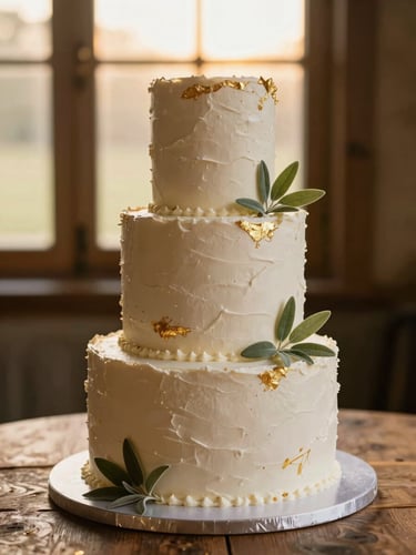 A stunning three-tiered wedding cake with rustic textured white buttercream, adorned with wild mountain sage leaves and delicate gold leaf details, soft golden hour light.