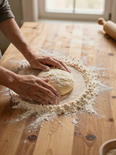 Overhead flat-lay of active baker's workspace in Dubois, hands dusted with flour gently shaping rustic dough on a large wooden table, soft low-angle morning sunlight