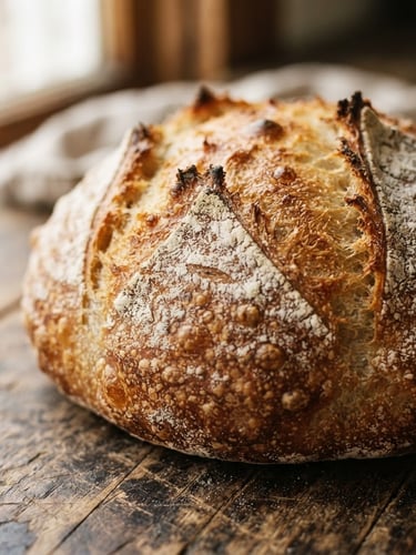 Close-up macro shot of a freshly baked, flour-dusted sourdough boule resting on a weathered wooden table, soft morning window light highlighting the golden crust textures, shallow depth of field, 35mm