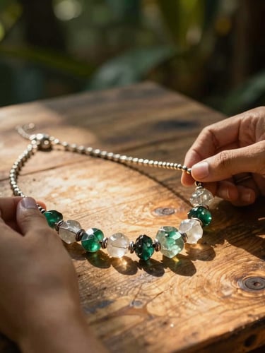 Primer plano de manos artesanas ensamblando un collar de cuarzo y plata sobre una mesa de madera rústica, luz solar filtrada creando sombras suaves, enfoque selectivo.