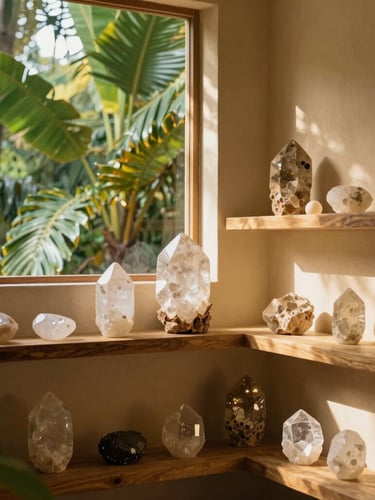 An elegant, serene holistic sanctuary interior with warm sand-colored walls, raw crystals on wooden shelves, soft natural light filtering through tropical leaves, 35mm