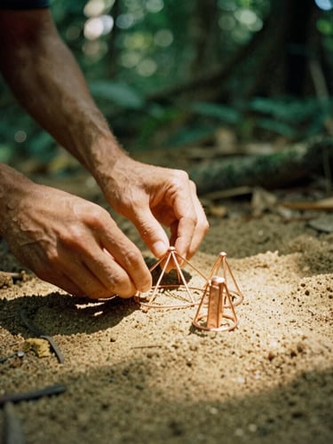 Hands arranging copper geometric structures over a bed of fine sand, soft dappled forest light, 35mm.