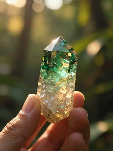 Close-up of raw quartz crystal catching golden hour sunlight, hand holding a polished gemstone, warm mystical photography, 35mm