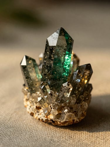 Close-up of raw smoky quartz crystals catching warm golden hour sunlight on a textured linen surface, shallow depth of field, 35mm.