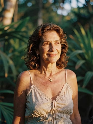 Retrato íntimo de Ana Luisa Miranda a sus cincuenta años, sonriendo suavemente bajo la luz dorada del atardecer en Cancún, rodeada de vegetación tropical difuminada, fotografía mística de 35mm.