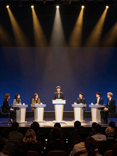 A prestigious youth debate stage with warm dramatic spotlighting, a young speaker at the podium addressing an intellectual audience, deep navy and gold tones